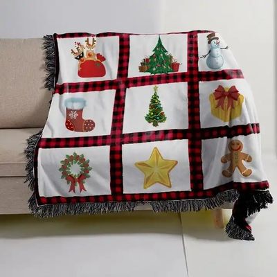 ポリエステル クリスマス プリント サブバンク ローブ ブランケット 赤いプレッド パネルとタッセル トリム