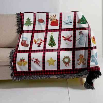 ポリエステル クリスマス プリント サブバンク ローブ ブランケット 赤いプレッド パネルとタッセル トリム