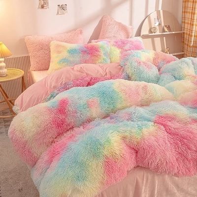 200TC スレッドカウント ベッドリビングセット フェイクフール デュウェット ミンク レインボー プルーシュ フルフィー 贅沢 セット